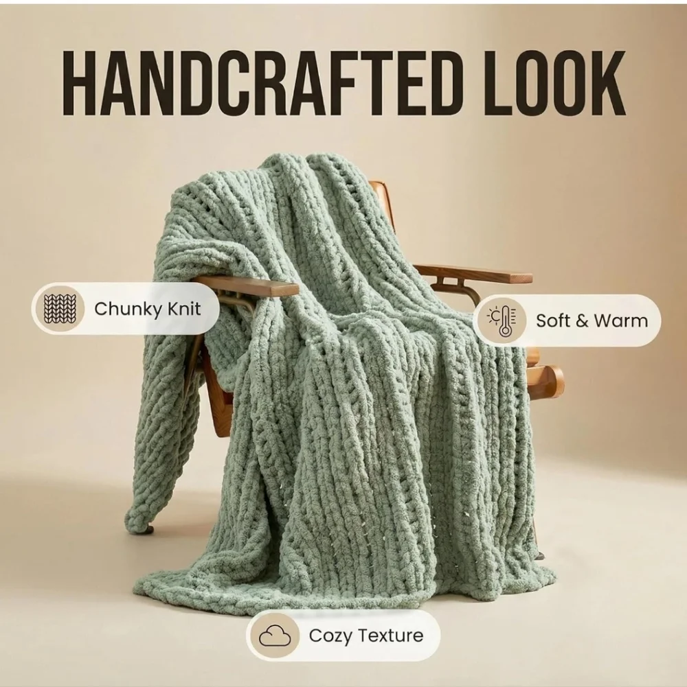 Amélie Home Chunky Knit Throw Blanket Couch, Soft Chenille Crochet Blanket 50x60